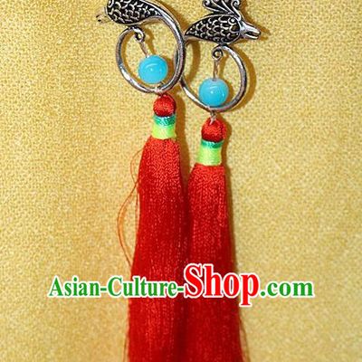 Traditional Chinese Miao Nationality Crafts Jewelry Accessory Classical Earbob Accessories, Hmong Handmade Miao Silver Phoenix Palace Lady Red Silk Tassel Earrings, Miao Ethnic Minority Eardrop for Women