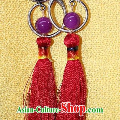 Traditional Chinese Miao Nationality Crafts Jewelry Accessory Classical Earbob Accessories, Hmong Handmade Miao Silver Phoenix Palace Lady Red Silk Tassel Earrings, Miao Ethnic Minority Eardrop for Women