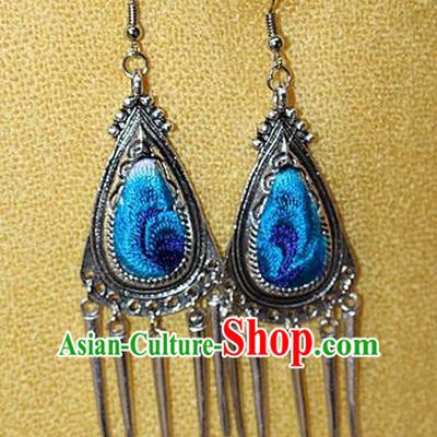 Traditional Chinese Miao Nationality Crafts Jewelry Accessory Classical Earbob Accessories, Hmong Handmade Miao Silver Embroidery Bells Tassel Palace Lady Triangle Earrings, Miao Ethnic Minority Eardrop for Women