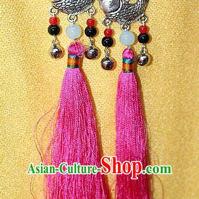 Traditional Chinese Miao Nationality Crafts Jewelry Accessory Classical Earbob Accessories, Hmong Handmade Miao Silver Fish Palace Lady Pink Silk Tassel Earrings, Miao Ethnic Minority Eardrop for Women