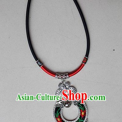 Traditional Chinese Miao Nationality Crafts Jewelry Accessory, Hmong Handmade Miao Silver Embroidery Bells Tassel Pendant, Miao Ethnic Minority Necklace Accessories Sweater Chain Pendant for Women