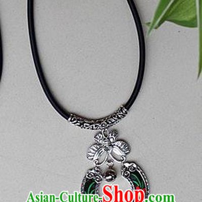 Traditional Chinese Miao Nationality Crafts Jewelry Accessory, Hmong Handmade Miao Silver Embroidery Bells Tassel Pendant, Miao Ethnic Minority Necklace Accessories Sweater Chain Pendant for Women