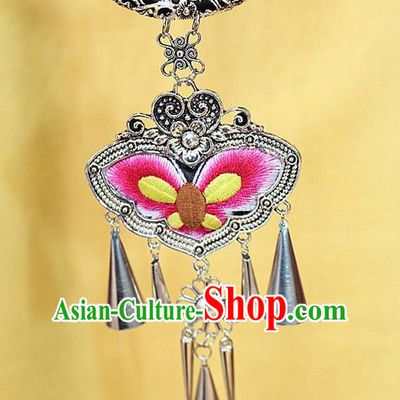 Traditional Chinese Miao Nationality Crafts Jewelry Accessory, Hmong Handmade Miao Silver Embroidery Bells Tassel Pendant, Miao Ethnic Minority Bells Necklace Accessories Sweater Chain Pendant for Women
