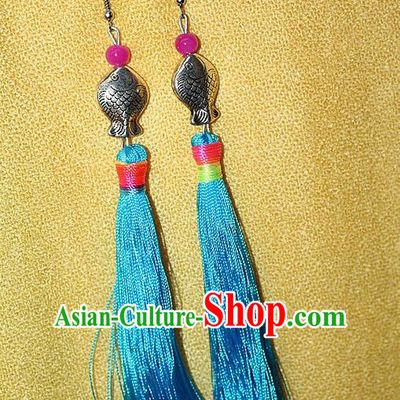 Traditional Chinese Miao Nationality Crafts Jewelry Accessory Classical Earbob Accessories, Hmong Handmade Miao Silver Kiss Fish Palace Lady Blue Silk Tassel Earrings, Miao Ethnic Minority Eardrop for Women