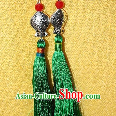 Traditional Chinese Miao Nationality Crafts Jewelry Accessory Classical Earbob Accessories, Hmong Handmade Miao Silver Kiss Fish Palace Lady Green Silk Tassel Earrings, Miao Ethnic Minority Eardrop for Women