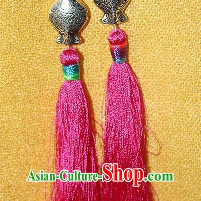 Traditional Chinese Miao Nationality Crafts Jewelry Accessory Classical Earbob Accessories, Hmong Handmade Miao Silver Kiss Fish Palace Lady Pink Silk Tassel Earrings, Miao Ethnic Minority Eardrop for Women