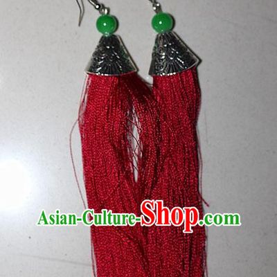 Traditional Chinese Miao Nationality Crafts Jewelry Accessory Classical Earbob Accessories, Hmong Handmade Palace Lady Red Silk Tassel Earrings, Miao Ethnic Minority Eardrop for Women