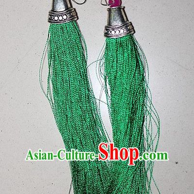 Traditional Chinese Miao Nationality Crafts Jewelry Accessory Classical Earbob Accessories, Hmong Handmade Palace Lady Green Silk Tassel Earrings, Miao Ethnic Minority Eardrop for Women