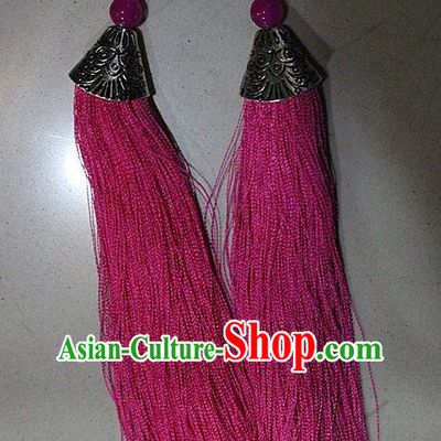 Traditional Chinese Miao Nationality Crafts Jewelry Accessory Classical Earbob Accessories, Hmong Handmade Palace Lady Pink Silk Tassel Earrings, Miao Ethnic Minority Eardrop for Women