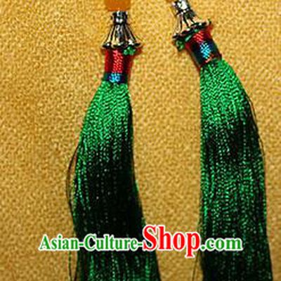Traditional Chinese Miao Nationality Crafts Jewelry Accessory Classical Earbob Accessories, Hmong Handmade Palace Lady Green Silk Tassel Earrings, Miao Ethnic Minority Eardrop for Women