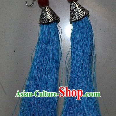 Traditional Chinese Miao Nationality Crafts Jewelry Accessory Classical Earbob Accessories, Hmong Handmade Palace Lady Blue Silk Tassel Earrings, Miao Ethnic Minority Eardrop for Women