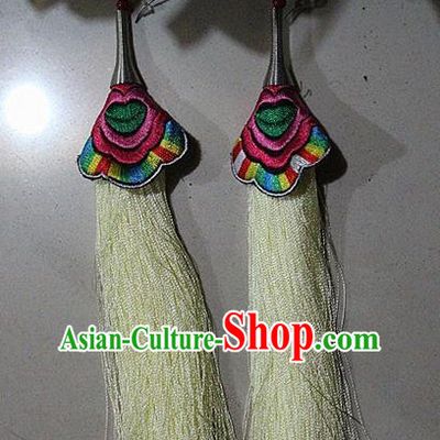 Traditional Chinese Miao Nationality Crafts Jewelry Accessory Classical Earbob Accessories, Hmong Handmade Embroidery Palace Lady Yellow Silk Tassel Earrings, Miao Ethnic Minority Eardrop for Women
