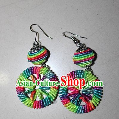 Traditional Chinese Miao Nationality Crafts Jewelry Accessory Classical Earbob Accessories, Hmong Handmade Kinking Palace Lady Round Earrings, Miao Ethnic Minority Weave Eardrop for Women