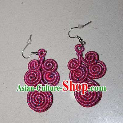 Traditional Chinese Miao Nationality Crafts Jewelry Accessory Classical Earbob Accessories, Hmong Handmade Kinking Palace Lady Round Earrings, Miao Ethnic Minority Weave Eardrop for Women