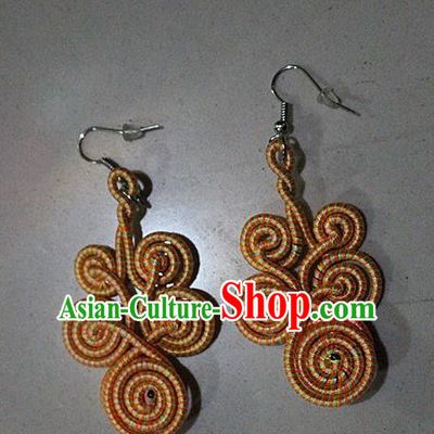 Traditional Chinese Miao Nationality Crafts Jewelry Accessory Classical Earbob Accessories, Hmong Handmade Kinking Palace Lady Yellow Earrings, Miao Ethnic Minority Weave Eardrop for Women