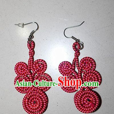 Traditional Chinese Miao Nationality Crafts Jewelry Accessory Classical Earbob Accessories, Hmong Handmade Kinking Palace Lady Red Earrings, Miao Ethnic Minority Weave Eardrop for Women