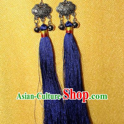 Traditional Chinese Miao Nationality Crafts Jewelry Accessory Classical Earbob Accessories, Hmong Handmade Miao Silver Longevity Lock Palace Lady Royalblue Silk Tassel Earrings, Miao Ethnic Minority Eardrop for Women