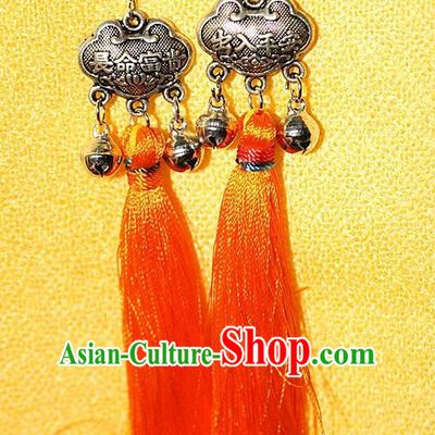 Traditional Chinese Miao Nationality Crafts Jewelry Accessory Classical Earbob Accessories, Hmong Handmade Miao Silver Longevity Lock Palace Lady Silk Tassel Earrings, Miao Ethnic Minority Eardrop for Women
