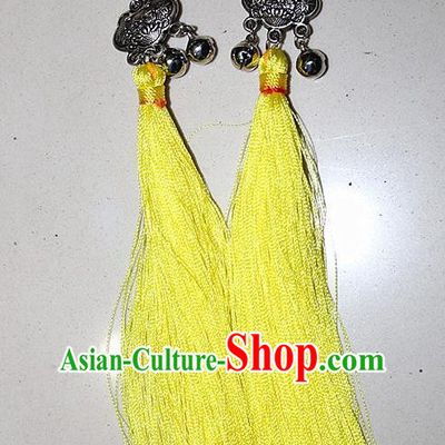 Traditional Chinese Miao Nationality Crafts Jewelry Accessory Classical Earbob Accessories, Hmong Handmade Miao Silver Longevity Lock Palace Lady Yellow Silk Tassel Earrings, Miao Ethnic Minority Eardrop for Women