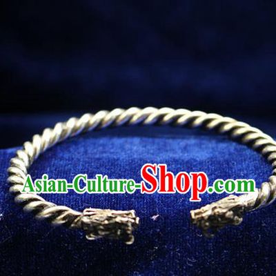 Traditional Chinese Miao Nationality Crafts Jewelry Accessory Bangle, Hmong Handmade Miao Silver Dragon Bracelet, Miao Ethnic Minority Silver Bracelet Accessories for Women