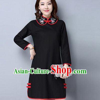 Traditional Ancient Chinese National Costume, Elegant Hanfu Plated Button Embroidered Stand Collar Black Dress, China Tang Suit Cheongsam Dress Upper Outer Garment Dress Clothing for Women