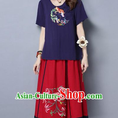 Traditional Ancient Chinese National Pleated Skirt Costume, Elegant Hanfu Embroidered Big Swing Long Dress, China Tang Suit Cotton Red Bust Skirt for Women