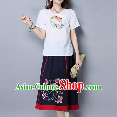 Traditional Ancient Chinese National Pleated Skirt Costume, Elegant Hanfu Embroidered Big Swing Long Dress, China Tang Suit Cotton Navy Bust Skirt for Women