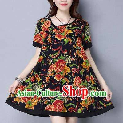 Traditional Ancient Chinese National Costume, Elegant Hanfu Painting Peony Round Collar Plated Buttons Black Short Dress, China Tang Suit Cheongsam Upper Outer Garment Elegant Dress Clothing for Women