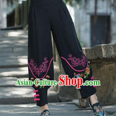 Traditional Ancient Chinese National Costume Trousers, Elegant Hanfu Embroidered Flowers Pants, China Tang Suit Cotton Black Leisure Pants for Women