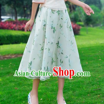 Traditional Ancient Chinese National Pleated Skirt Costume, Elegant Hanfu Printing Chiffon Big Swing Long Dress, China Tang Suit Bust Skirt for Women