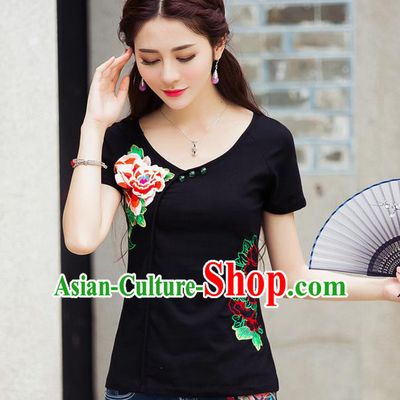 Traditional Ancient Chinese National Costume, Elegant Hanfu Embroidery Peony Flowers Black Shirt, China Tang Suit Blouse Cheongsam Upper Outer Garment Qipao Shirts Clothing for Women