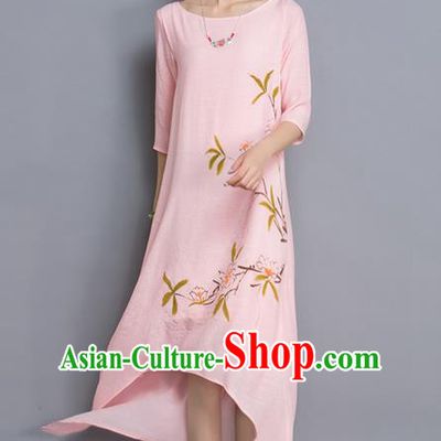Traditional Ancient Chinese National Costume, Elegant Hanfu Linen Printing Irregularity Pink Dress, China Tang Suit Cheongsam Upper Outer Garment Elegant Dress Clothing for Women
