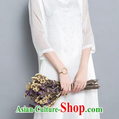 Traditional Ancient Chinese National Costume, Elegant Hanfu Qipao Embroidered Chiffon Dress, China Tang Suit Cheongsam Upper Outer Garment Elegant White Dress Clothing for Women