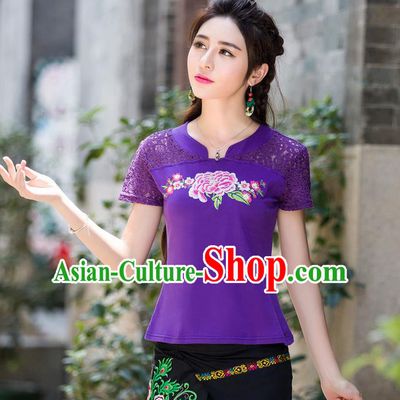 Traditional Ancient Chinese National Costume, Elegant Hanfu Embroidery Peony Flowers Lace Purple Shirt, China Tang Suit Blouse Cheongsam Upper Outer Garment Qipao Shirts Clothing for Women