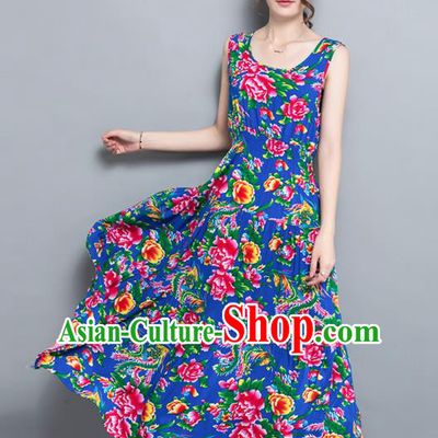 Traditional Ancient Chinese National Costume, Elegant Hanfu North East Style Peony Flowers Dress, China Tang Suit Sleeveless Vest Long Skirt Upper Outer Garment Elegant Blue Dress Clothing for Women