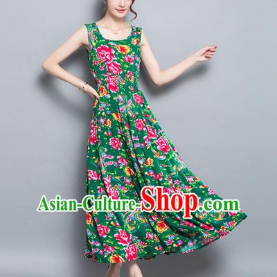 Traditional Ancient Chinese National Costume, Elegant Hanfu North East Style Peony Flowers Dress, China Tang Suit Sleeveless Vest Long Skirt Upper Outer Garment Elegant Green Dress Clothing for Women