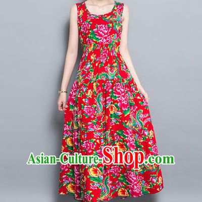 Traditional Ancient Chinese National Costume, Elegant Hanfu North East Style Peony Flowers Dress, China Tang Suit Sleeveless Vest Long Skirt Upper Outer Garment Elegant Red Dress Clothing for Women