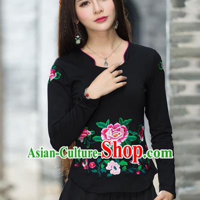Traditional Ancient Chinese National Costume, Elegant Hanfu Embroidery Peony Flowers T-Shirt, China Tang Suit Blouse Cheongsam Upper Outer Garment Black T-Shirts Clothing for Women