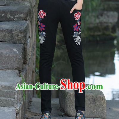Traditional Ancient Chinese National Costume Casual Pants, Elegant Hanfu Embroidered Pants, China Tang Suit Black Trousers for Women