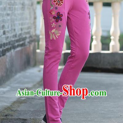 Traditional Ancient Chinese National Costume Casual Pants, Elegant Hanfu Embroidered Pants, China Tang Suit Pink Trousers for Women