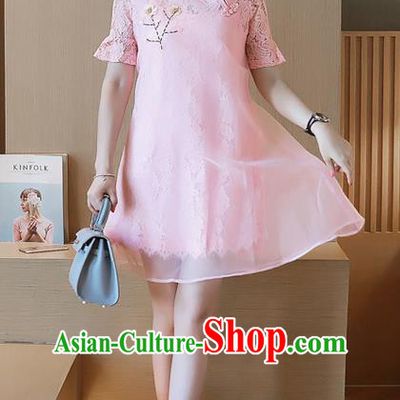 Traditional Ancient Chinese National Costume, Elegant Hanfu Organza Stand Collar Qipao Embroidered Dress, China Tang Suit Cheongsam Upper Outer Garment Elegant Pink Short Dress Clothing for Women