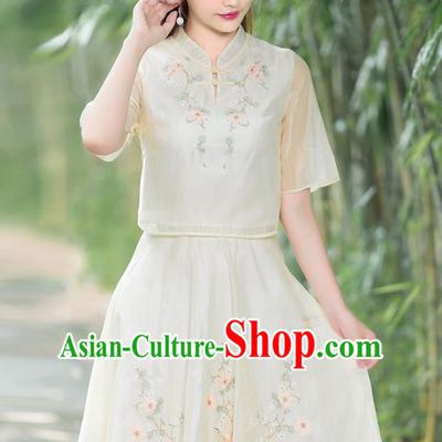 Traditional Ancient Chinese Ancient Costume, Elegant Hanfu Clothing Embroidered Organza Dress, China Tang Dynasty Blouse and Skirt Complete Set for Women