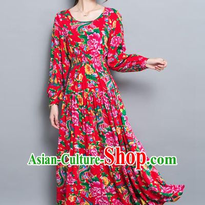 Traditional Ancient Chinese National Costume, Elegant Hanfu North East Style Peony Flowers Dress, China Tang Suit Long Sleeve Skirt Upper Outer Garment Elegant Red Dress Clothing for Women