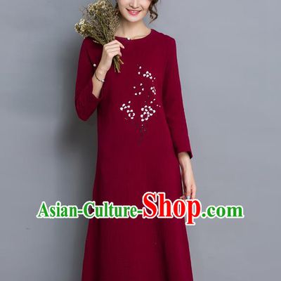 Traditional Ancient Chinese National Costume, Elegant Hanfu Printing Flowers Linen Qipao Dress, China Tang Suit Wine Red Cheongsam Skirt Upper Outer Garment Elegant Dress Clothing for Women