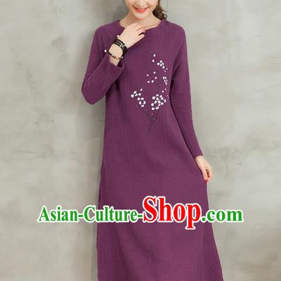 Traditional Ancient Chinese National Costume, Elegant Hanfu Printing Flowers Linen Qipao Dress, China Tang Suit Purple Cheongsam Skirt Upper Outer Garment Elegant Dress Clothing for Women