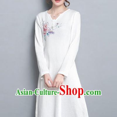 Traditional Ancient Chinese National Costume, Elegant Hanfu Printing Dress, China Tang Suit Cheongsam Upper Outer Garment Elegant White Dress Clothing for Women