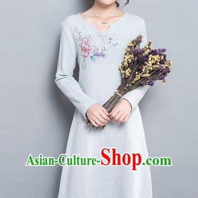 Traditional Ancient Chinese National Costume, Elegant Hanfu Printing Dress, China Tang Suit Cheongsam Upper Outer Garment Elegant Grey Dress Clothing for Women