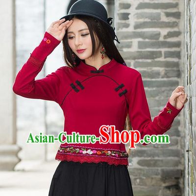 Traditional Ancient Chinese National Costume, Elegant Hanfu Embroidered Flowers T-Shirt, China Tang Suit Round Collar Lace Edge Red Blouse Cheongsam Qipao Base Shirts Clothing for Women