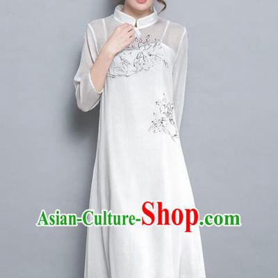 Traditional Ancient Chinese National Costume, Elegant Hanfu Hand Painting Mandarin Qipao Chiffon Two-Piece Dress, China Tang Suit Cheongsam Upper Outer Garment Elegant White Dress Clothing for Women