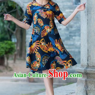 Traditional Chinese National Costume, Elegant Hanfu Printing Color Matching Dress, China Tang Suit Cheongsam Upper Outer Garment Elegant Navy Dress Clothing for Women